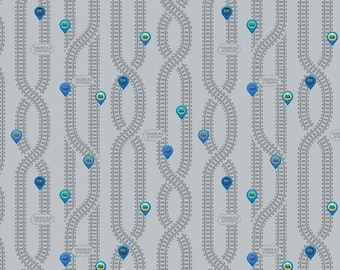 Full Steam Ahead with Thomas and Friends Key Locations C12514 Gray - Riley Blake - Trains Tracks Logo - Quilting Cotton