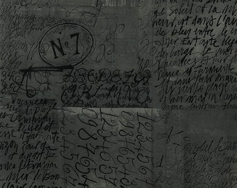 Number 7, Alexander Henry, Nicole's Prints, novelty print, Coal gray washed background with letters and numbers, sold by the half yard
