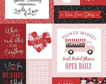 Falling in Love Panel Red by Dani Mogstad for Riley Blake. Panel size is 24" x 43 1/2 Valentines panel with link to free pattern P11287-RED