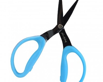 Karen Kay Buckley Medium Perfect Scissors, micro serrated blade,soft comfy handles, plastic cover, 6" long, blue handles