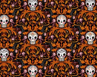 Beautiful Bones - Orange - Pretty Creepy from Cory Dantini of Free Spirit Fabrics, PWCD068.XORANGE sold by the half yard