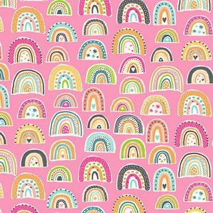 In the Jungle by Makower, color - pink, pattern - Rainbows, 100% Cotton Quilting Fabric, sold by the 1/2 yard, TP-2605-P