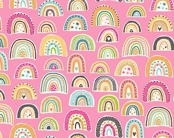 In the Jungle by Makower, color - pink, pattern - Rainbows, 100% Cotton Quilting Fabric, sold by the 1/2 yard, TP-2605-P