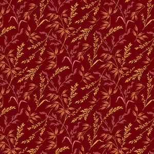 May include: A seamless pattern featuring a repeating design of stylized wheat stalks in shades of orange and pink on a deep red background.
