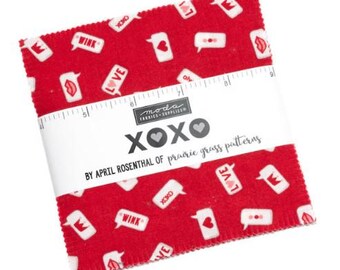 XOXO Charm Pack - Moda 24140PP by April Rosenthal, Prairie Grass, Moda Fabrics, Moda Precuts, 42 5-inch Squares Charm Pack, Valentines