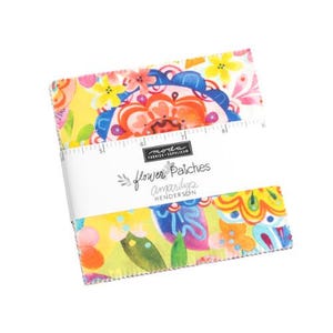 May include: A pack of colorful fabric squares with a floral pattern. The fabric is called "Flower Patches" by  Amarilys Henderson.