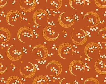 Midnight Moon Pumpkin. Crescent Moon Pattern A-1528-O by Andover Fabrics -sold by the half yard, Halloween, moons, flowers, Orange fabric