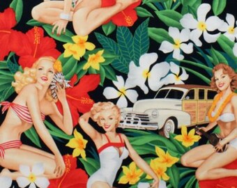 Alexander Henry Aloha Girls vintage pin-up girl with black background, plumeria and ginger flowers and woodie station wagons  6627a
