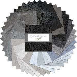 May include: A collection of fabric squares in various shades of gray, silver, and black, arranged in a circular pattern. The fabric features floral and textured designs. The label reads "Celestial Silver".