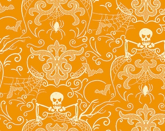 Midnight Haunt Spooky Damask Halloween fabric in Pumpkin Orange A-9781-O by the half yard - Andover Fabrics