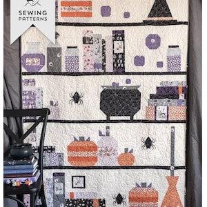 Melissa Mortenson Spooky Shelfie Quilt Pattern - 48&quot; by 68&quot; -  features potion books, bottles, witches hat and broom, pumpkins, and spiders.