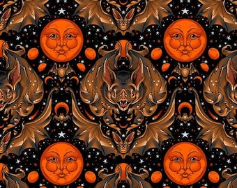Full Moon Flight - Black from Costumes & Cobwebs collection by Club Hauer, Rachel Hauer, PWRH120.BLACK, Sold by Half Yard, full moons, bats