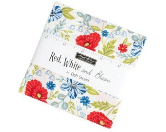 Red White Bloom Charm Pack 56110PP by Deb Strain, Moda Fabrics, Moda Precuts, 42 5-inch Squares Charm Pack