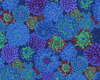 Dancing Dahlias - Blue Phillip Jacobs for the Kaffe Fassett Collective, Free Spirit Fabrics, 100% Cotton quilting fabric, PWPJ101.BLUE