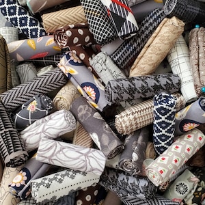 Gray Fabric Scraps, a half dozen or a Bakers Dozen  of 13 quilt fabrics, dark gray, light gray, taupe 9x10, 10x10, 9x11, fat 16ths