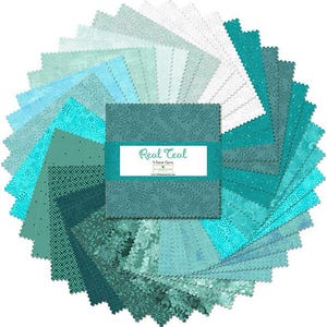 May include: A circular arrangement of teal fabric squares in various shades, from light blue to deep teal. The fabric pieces have different patterns, including floral and geometric designs. The center features a teal label with the text "Real Teal".