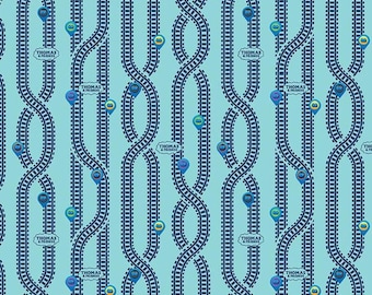 Full Steam Ahead with Thomas and Friends Key Locations C12514 Aqua - Riley Blake - Trains Tracks Logo - Quilting Cotton