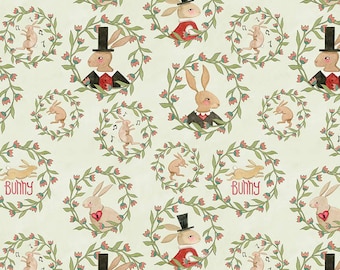 Hop Hop Hooray Bunny Wreaths Flax by Teresa Kogut for Riley Blake Fabric, Rabbit Bunny Folk Art, sold by 1/2 yard, C14272-FLAX