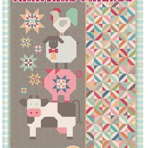 May include: A patchwork quilt with the text "FARMYARD FRIENDS" at the top. The quilt features a rooster, sheep, pig, and cow stacked on top of each other. The quilt has a colorful geometric pattern on the right side and a light blue and green plaid border.