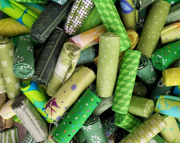 Featured listing image: Green and Yellow Green Fabric Scraps, a half dozen, Bakers Dozen or Score of quilt fabrics,  9x10, 10x10, 9x11, fat 16ths, fat sixteenths