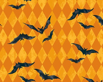 Midnight Haunt Harlequin Bats Halloween fabric in Gourd Orange A-9783-O by the half yard - Andover Fabrics