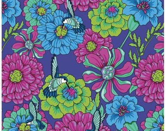 Botanic Blast Main Purple by Sew Yeah Quilting for Riley Blake - Flowers and Hummingbirds Cotton Fabric, CD15540-PURPLE, sold by half yard