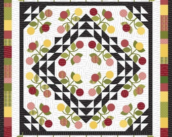 Jillily Studio Posy Party Quilt Pattern - 63" x 75" - Features appliqued posies around a black and white flying geese