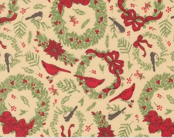 Holiday Cheer Natural 20973 11 Designed by Stacy Iest Hsu for Moda Fabrics -sold by half yard, Novelty Vintage Birds Cardinals Wreaths