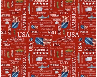 Patriotic Words Fabric, Letters from Home Text on Red by Riley Blake Designs, Patriotic Military, Quilting Fabric  - sold by the half yard