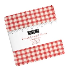 May include: Red and white gingham fabric squares with a ruler and a label that reads "French General Woven Gingham" and "French General".