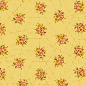 May include: A yellow background with a repeating pattern of pink and yellow floral bouquets connected by a thin, white, web-like design.