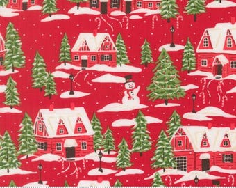 Holiday Cheer Poinsettia 20972 17 Designed by Stacy Iest Hsu for Moda Fabrics, sold by half yard, Cardinals Village Landscape, Nature Scenic