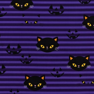 May include: Purple and black striped fabric with a repeating pattern of black cats and jack-o'-lantern faces.
