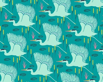 Emerald teal Pattern: Wetlands by Flora and Fauna Collection by Patty Sloniger for Andover Fabrics, A-9996-T, sold by the half yard