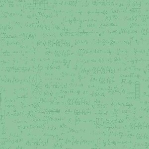May include: A green background with a variety of mathematical equations and formulas written in white. The equations include symbols, numbers, and letters.