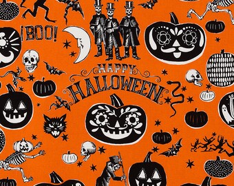 Crafty Calaveras by Alexander Henry - 7954A Halloween on an orange background - sold by the 1/2 yard