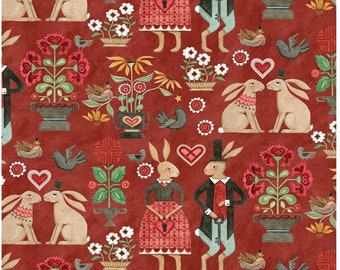 Hop Hop Hooray Main Red by Teresa Kogut for Riley Blake Fabric, Rabbit Bunny Folk Art Fabric, 100% Cotton, sold by 1/2 yard, C14270 Red