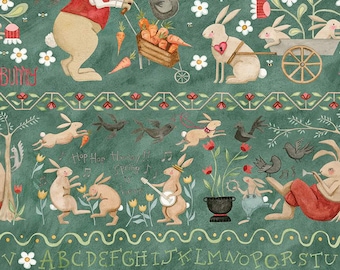 Hop Hop Hooray Bunny Border Stripe Teal by Teresa Kogut for Riley Blake Fabric, Rabbit Bunny Folk Art, sold by 1/2 yard, C14277-TEAL