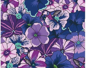 Botanic Blast Purple Pansies by Riley Blake - Large Scale Jewel Toned Floral Flowers Hummingbirds Cotton Fabric, cd15541