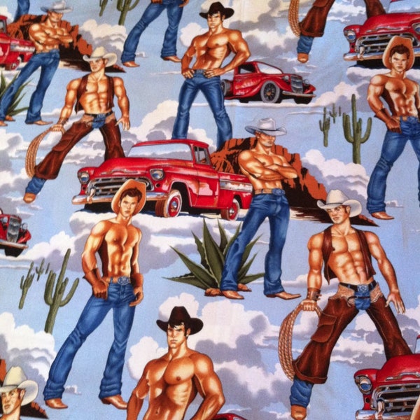 Alexander Henry Wranglers mens vintage pin-up with red trucks, cowboy hats, chaps other cowboy gear sold by 1/2 yard, 6477-A
