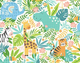 In the Jungle by Makower, color - blue, pattern - Scenic, 100% Cotton Quilting Fabric, sold by the 1/2 yard, TP-2601-B