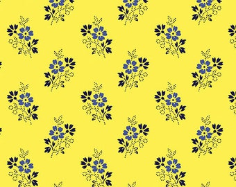 DITSY YELLOW  By Jan Shore from the Somerset Collection by Benartex - Blue Floral French Country Flowers - Sold by the 1/2 Yard