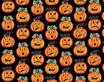 Jack-O-Lanterns - Black || Moonlit Mischief from Mary Engelbreit of Free Spirit Fabrics, SKU: PWMY050.BLACK, sold by the half yard, Pumpkins