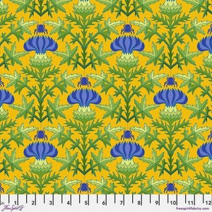 May include: A seamless pattern featuring a repeating design of blue thistle flowers with green leaves and black spiders on a yellow background.