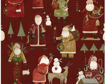 Kringle Main - Riley Blake Designs - Christmas Folk Art Santas Santa Claus, sold by 1/2 yard, C13440 Red