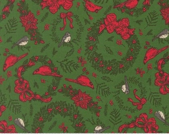 Holiday Cheer Evergreen 20973 14 Designed by Stacy Iest Hsu for Moda Fabrics -sold by half yard, Novelty Vintage Birds Cardinals Wreaths