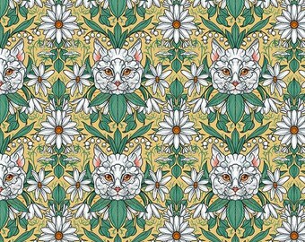 Cat Flower - Yellow, Garden Bed by Rachel Hauer, Club Hauer for FreeSpirit , 100% Cotton fabric, PWRH099.YELLOW, sold by half yard