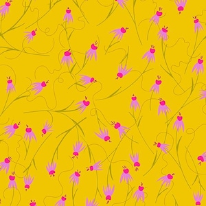 May include: A seamless pattern featuring pink flowers with red centers on a bright yellow background. The flowers are stylized and have a whimsical feel.