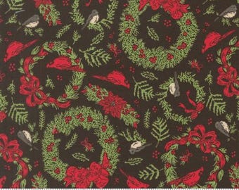 Holiday Cheer Midnight 20973 20 Designed by Stacy Iest Hsu for Moda Fabrics -sold by half yard, Novelty Vintage Birds Cardinals Wreaths