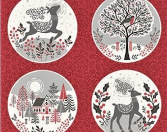 SCANDI CHRISTMAS 2020 - Scandi Circles Panel - Multi - Makower UK - Andover Fabrics - 100 % Cotton quilting fabric Panel, A-2225-1